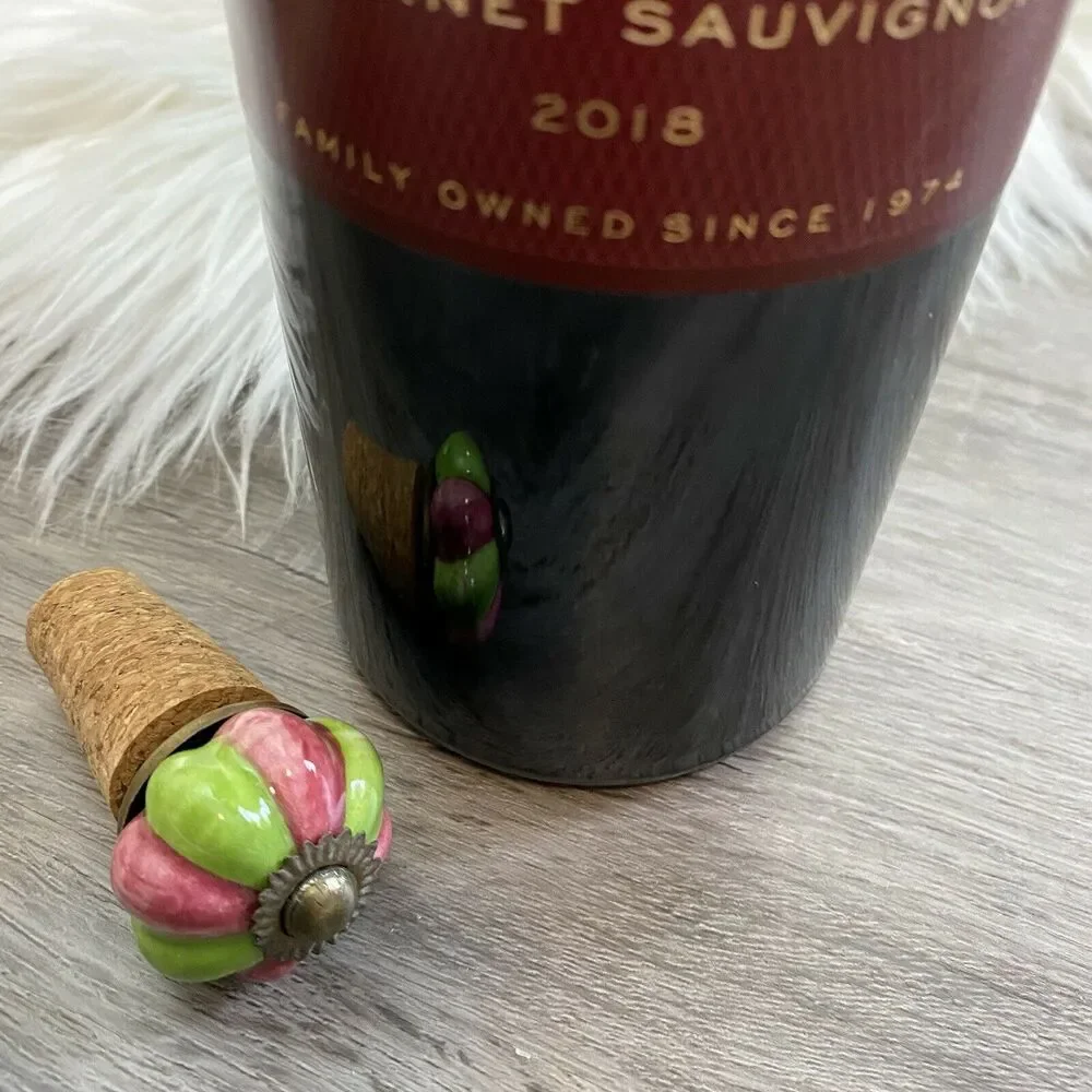 Wine Cork Stopper Decorative Flower Shiny Colored Painted Green Pink Ceramic